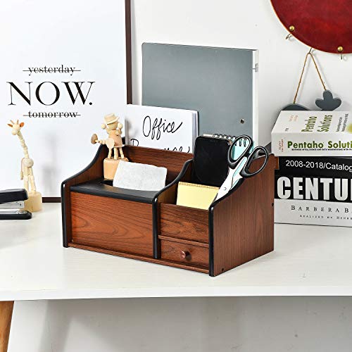 Cherry Brown Wood Desk Organizer Tissue Box Lid Multiple Slots Drawer Tabletop Storage Cabinet Solid Wood Phone Tablet Remote Control Holder Office Supplies Caddy Accessory Sorter Home