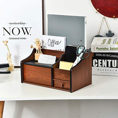 Cherry Brown Wood Desk Organizer Tissue Box Lid Multiple Slots Drawer Tabletop Storage Cabinet Solid Wood Phone Tablet Remote Control Holder Office Supplies Caddy Accessory Sorter Home