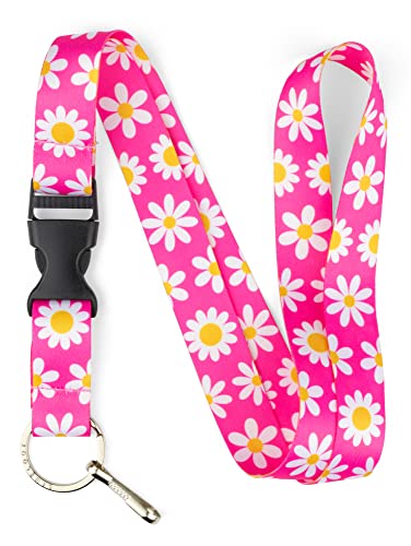 Limeloot Lanyard for Keys, ID Badge, Accessories | Neck Lanyard for Men and Women with Quick Release Buckle and Flat Ring - color: Pink Daisy