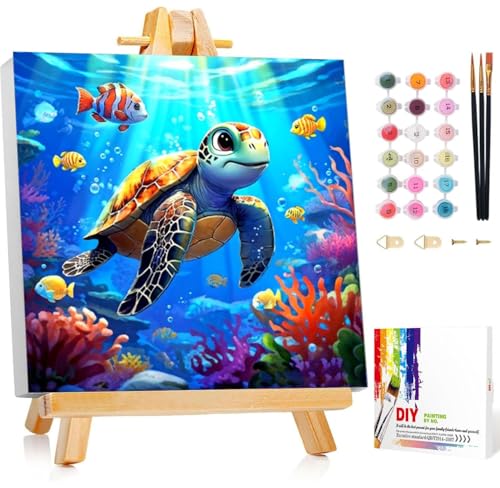 HITO Sea Turtle Paint by Numbers Kit for Kids with Frame Easel 8x8 inch - color: Sea Turtle