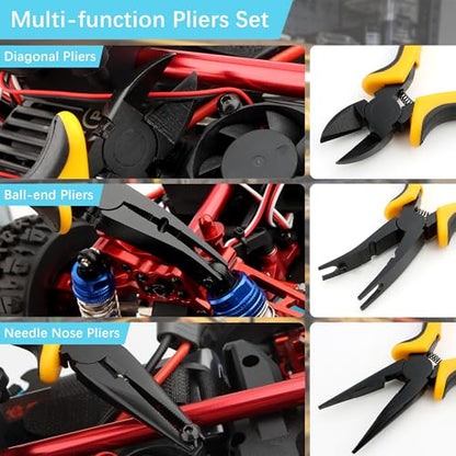 12 Pieces RC Car Repair Tool Kit with Hex Phillips Flat Screwdrivers, Pliers, Spanners, Wrenches–Hobby Tool Set Compatible with RC Car Drone Helicopter Airplane Boat Multirotor Models(Black) - color: Black