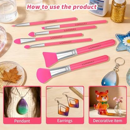 LORMAY 7-Piece Silicone Brush Set for UV Resin Epoxy Crafts and Makeup, Red - color: red