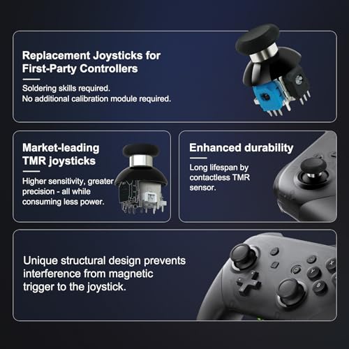 AKNES GuliKit TMR Electromagnetic Joysticks for Switch Pro Controller, 720° Adjustable Tension Stick Replacement, with 3 Pairs Height Thumbstick Caps, Soldering Required