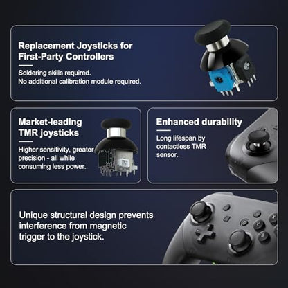 AKNES GuliKit TMR Electromagnetic Joysticks for Switch Pro Controller, 720° Adjustable Tension Stick Replacement, with 3 Pairs Height Thumbstick Caps, Soldering Required