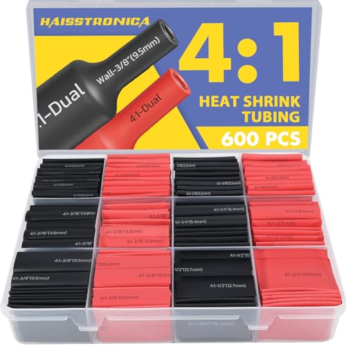 haisstronica 600PCS 4:1 Heat Shrink Tubing Kit 3/32"-3/4" Black/Red - color: Black & Red, size: 3/32"-3/4"