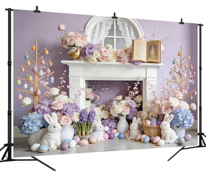 7x5FT Easter Backdrop Pastel Purple Floral Wall with Bunny Easter Eggs Background for Spring Themed Baby Birthday Shower Party Decor Vinyl