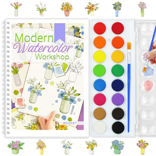Beginners Watercolor Workbook for Adults, Step-by-Step Coloring Book Set - style: Bouquet