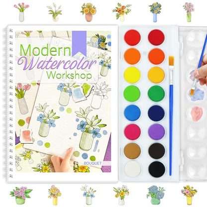 Beginners Watercolor Workbook for Adults, Step-by-Step Coloring Book Set - style: Bouquet