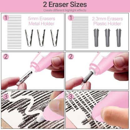 AFMAT Electric Eraser, with 140 Eraser Refills, Rechargeable Pencil Erasers for Artists, Electric Erasers for Drafting, Drawing, Painting, Sketching, Architectural Plans, Detailer Tool EE04(Pink) - color: Pink