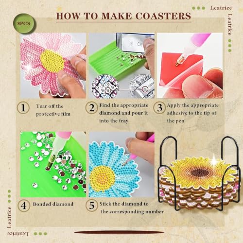 Leatrice 8 PCS Diamond Art Coasters Small Diamond Painting Kits for Adults - color: AA Flowers a