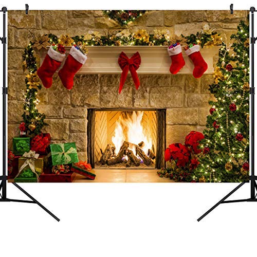 9X6FT Christmas Themed Fireplace Vinyl Photography Backdrop Photo Background Studio Prop CEM06B - size: 9'x6'