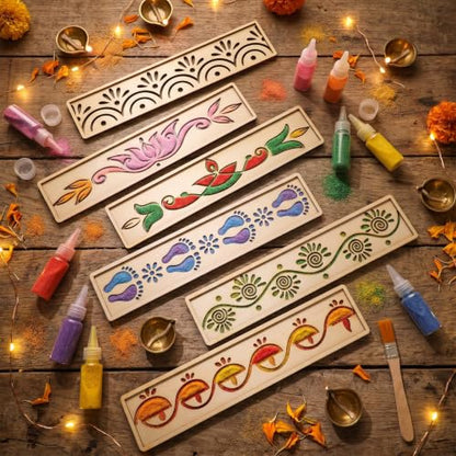 Eaasty 6 Sets 12'' Diwali Rangoli Stencils Wooden DIY Sand Art Set