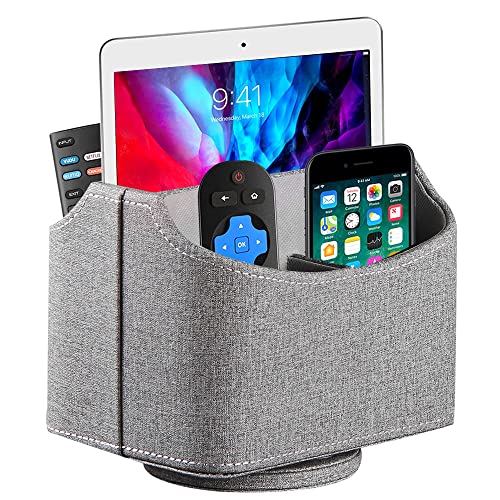 360° Rotating Remote Control Holder, PU Leather TV Remote Caddy Organizer Basket Storage Box with 5 Compartments for Pen, Pencil, Art Supplies, Makeup Brush, Office Desk Table Accessories - color: Grey cloth