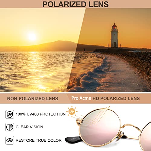 Pro Acme Small Round Polarized Sunglasses for Women Men Retro Metal Shades - color: D1 - Gold Frame/Pink Mirrored Lens
