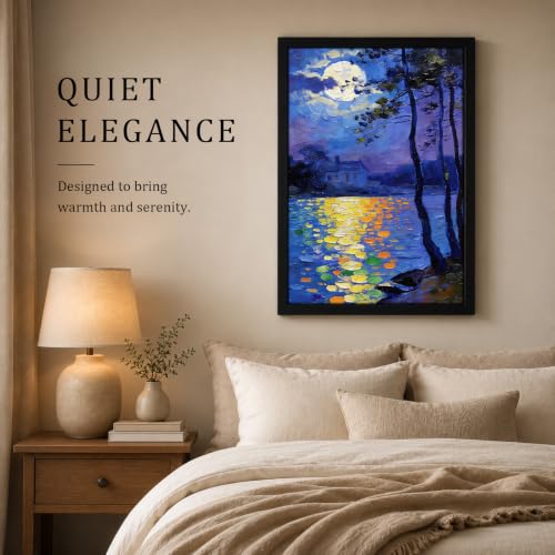 Seaofcity Moonlit Lake Landscape Wall Art, Framed Wall Art for Living Room, Night Blue Scene with Moon Reflection and Distant Cabin, Oil Painting on Canvas, Black Wood Frame, 16" W x 24" L - color: Moonlit Water Lilies, size: 24"l X 16"w