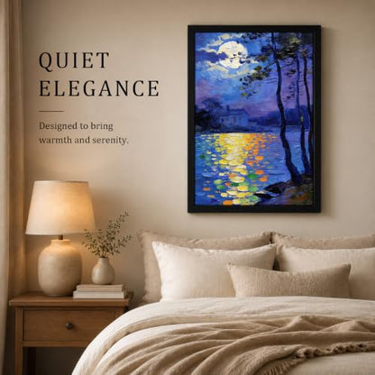 Seaofcity Moonlit Lake Landscape Wall Art, Framed Wall Art for Living Room, Night Blue Scene with Moon Reflection and Distant Cabin, Oil Painting on Canvas, Black Wood Frame, 12" W x 16" L - color: Moonlit Water Lilies, size: 16"l X 12"w