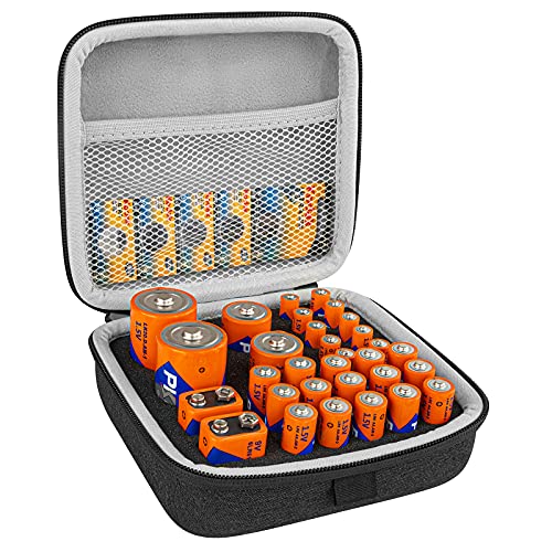 Linkidea Small Hard Case Battery Organizer Storage Box, Batteries Carrying Holder Container - Holds 34 Various Sizes AA AAA 9V C D Batteries (Dark Grey)