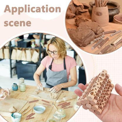 UNICRAFTALE 10Pcs Wooden Clay Texture Rollers Set for Pottery 10 Styles Ceramics Potters Stamp Roller Tools 102mm Textured Rolling Pins Modeling Pattern Rollers Kit for DIY Handmade Art Supplies