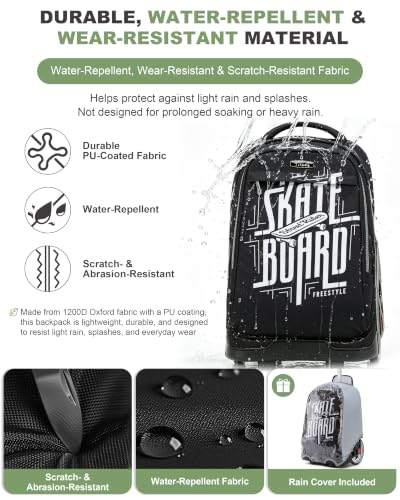 NEW TILAMI 19 Inch Rolling Backpack for School Stair-Climbing Big Wheel - color: Black Skate Board