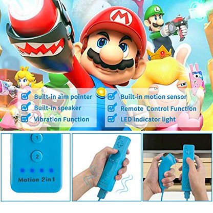 Motion Plus Wii Controllers 2Packs with Nunchucks, Wii Remote Controllers Compatible for wii and Wii U with Built in Motion Plus - color: wblue+wblue