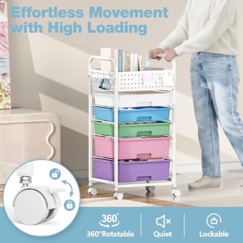 5 Drawer Rolling Storage Cart with Pegboard Top and Hooks, Ice Cream - color: Ice Cream, size: 5-Drawers