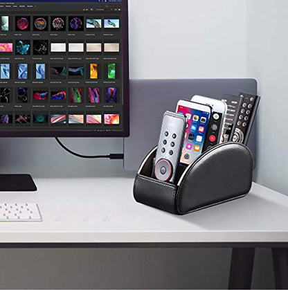 Large PU Leather TV Remote Control Holder Organizer with 5 Compartments - color: Black, size: Large