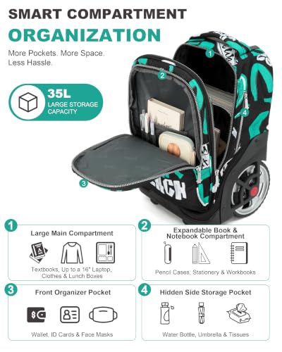 NEW TILAMI 19 Inch Rolling Backpack for School Stair-Climbing Big Wheel - color: Green Surf Rider