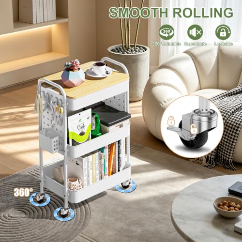 3 Tier Rolling Cart with Table top, Metal Utility Cart with DIY Pegboard - color: White With Pegboard