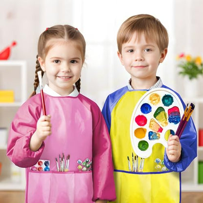 2 Pack Kids Art Smock,Kids Painting Apron,Children Artist Aprons with Long Sleeve 3 Pockets for Toddlers 3-6 Years - color: Pink and Yellow