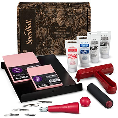 Speedball Deluxe Linocut Block Printing Kit, for Fabric, 14 Pieces, Includes Inks, Brayer, Bench Hook, Lino Handle and Cutters, Speedy-Carve Relief Blocks - size: Deluxe Block Fabric Kit