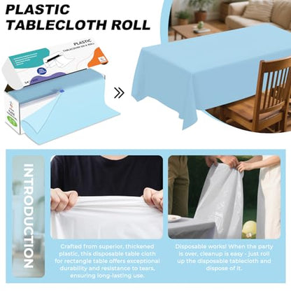 54IN X 320FT Plastic Table Cover Roll with Cutter Box, Cut to Size Plastic Table Cloths for Parties, Birthday, (Light Blue,54"x3840"(Rectangular)) - color: Light Blue, size: 3840" x 54" (Rectangular)