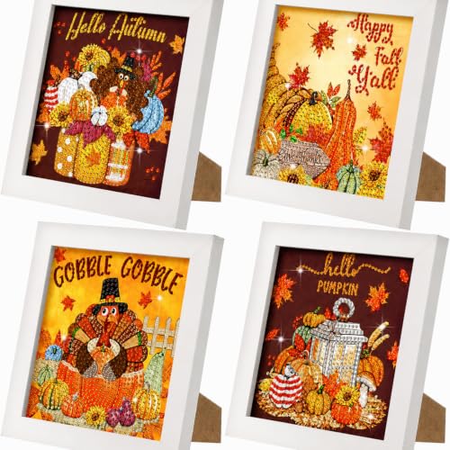 Geyoga 4 Pcs Fall Diamond Painting Kits with Frame 7 x 7 Inch - style: Thanksgiving