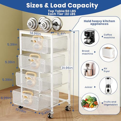 Goovilla Kitchen Cart with Drawers, Lockable Wheels with Wooden Top, White - size: White