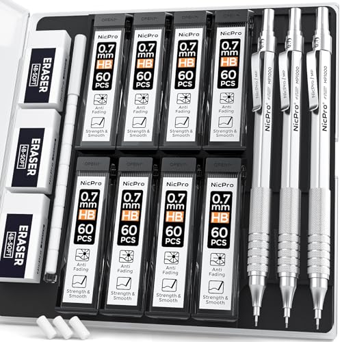 Nicpro 0.7mm Metal Mechanical Pencil Set with Case - color: Silver, style: 0.7 MM