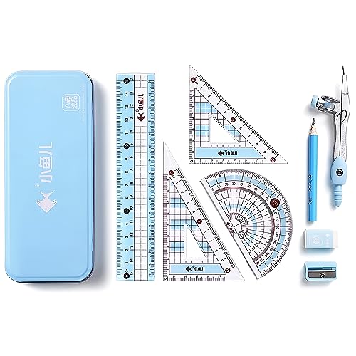 8 Pieces Math Geometry Kit Set Student Supplies with Shatterproof Iron Box Geometry Set for School, Includes Ruler, Protractor, Compass, Pencil,Pencil Sharpener and Eraser,etc