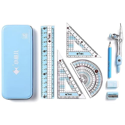 8 Pieces Math Geometry Kit Set Student Supplies with Shatterproof Iron Box Geometry Set for School, Includes Ruler, Protractor, Compass, Pencil,Pencil Sharpener and Eraser,etc