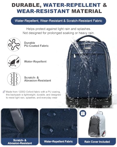 NEW TILAMI 19 Inch Rolling Backpack for School Stair-Climbing Big Wheel - color: Navy Blue