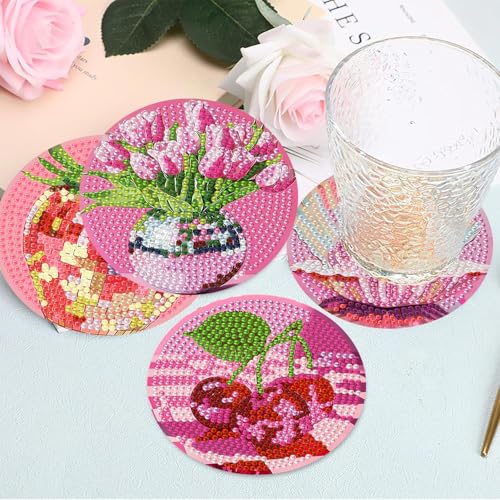 HHMATITS 8 Pcs Pink Disco Diamond Art Coasters Kit for Adults 4X4IN - color: Disco