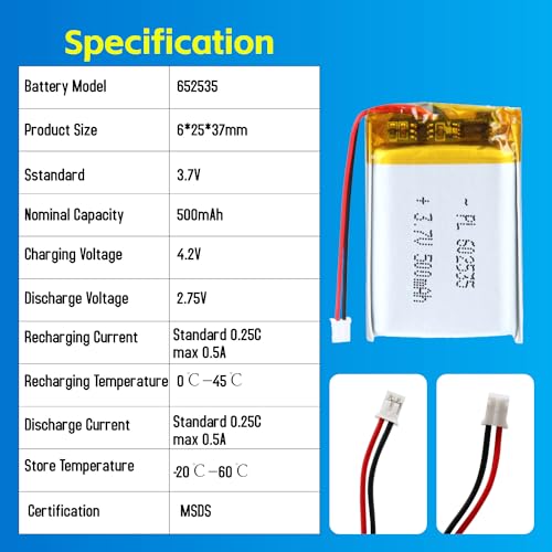602535 3.7V Lipo Battery 500mAh 602535 Rechargeable Lithium - size: 602535 500mAh