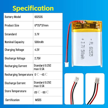 602535 3.7V Lipo Battery 500mAh 602535 Rechargeable Lithium - size: 602535 500mAh