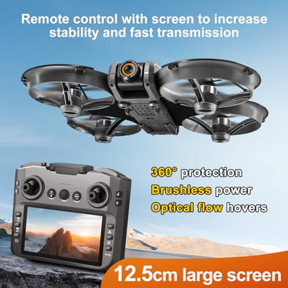 RC Drone With Screen On Controller (4.92in), UHD Dual Camera, Brushless Motor, Optical Flow Hovering, 360° Propeller Guard, 6-Axis Gyro, Headless Mode, One-Key Takeoff/Landing, 3-Speed Adjustable, 50X Zoom, Gesture Control, Trajectory Flight, Night LED, 2