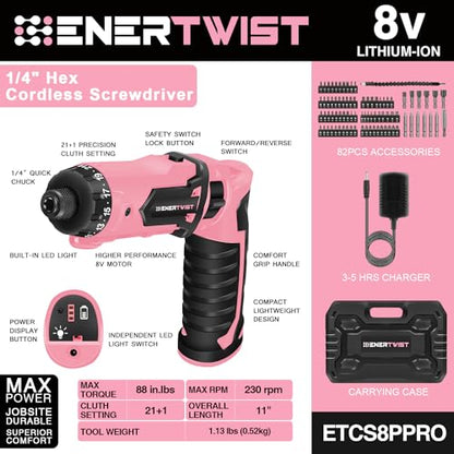 Enertwist Cordless Electric 8V Pink Screwdriver with 82 Accessory Kit - style: 82PCS 8V PINK