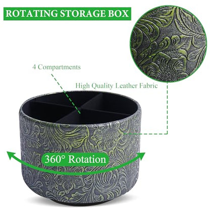 lizimandu Round Leather Art Supply Organizer,Remote Control Holder,360 Degree Spinning,Multi-Functional Pencil Holder,4 Compartments Desktop Stationary Organizer(1-Carved Metal Green2) - color: 1-Carved Metal Green2