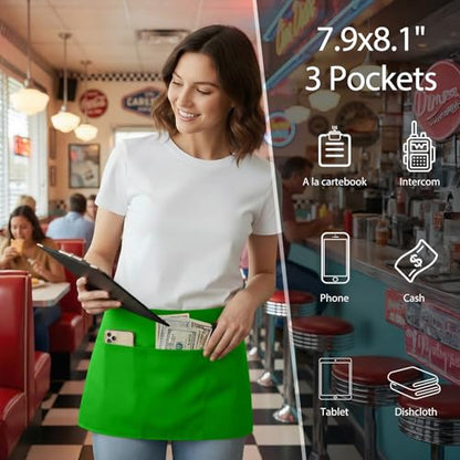 BOHARERS Waist Apron with 3 Pockets - Green Waitress Waiter Server Short Apron - color: 1 Pack Green