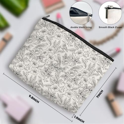 Boho Makeup Bag, Line Art Floral Bird Cosmetic Bag Makeup Organizer Pouch - color: SketchFlower