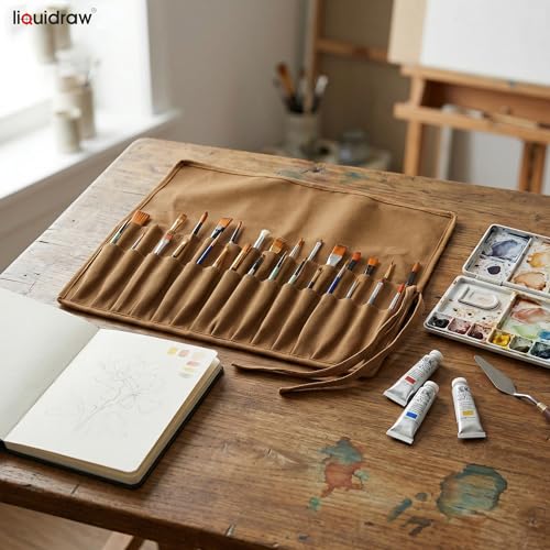 Liquidraw 30 Pocket Roll-Up Canvas Paint Brush Holder, 21 x 18in (Brown) - color: Brown