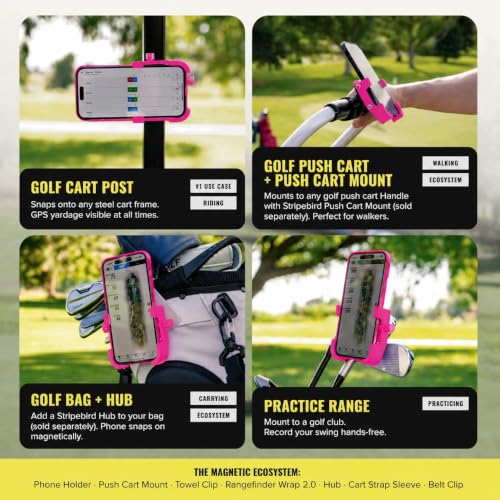 Stripebird PRO Magnetic Golf Cart Phone Holder & Caddy, N52 Magnets - color: Pink