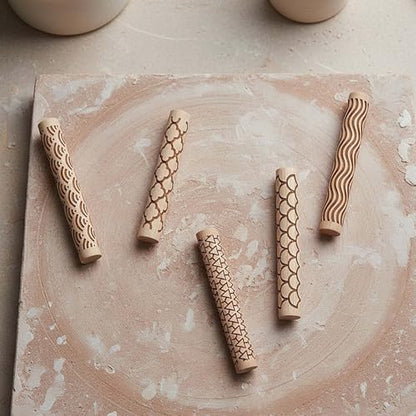 Clay Texture Rollers, 5 PCS 100mm Wooden Rolling Pins - color: A