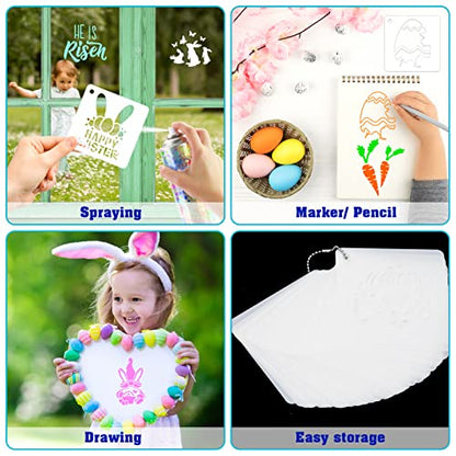 Konsait 36 Pcs Easter Stencils for Painting on Wood, Reusable Easter Templates Chicks Eggs Rabbit Carrot Happy Easter for Easter Party Decorations, Plastic Spring Stencils for Art Crafts