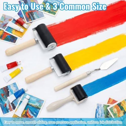 3 Pack Rubber Brayer Roller, 1.4”/2.4”/3.7” Art Craft Rollers with Scraper